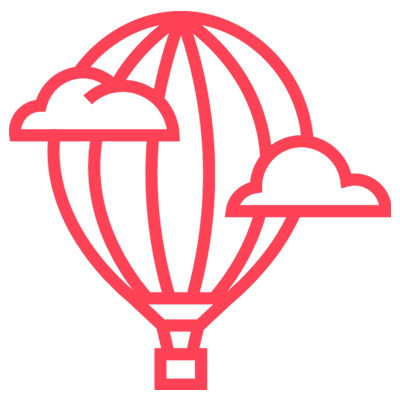 Stylised red outline of a hot air balloon and clouds