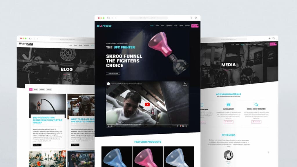 Multiple pages of Skroo's website showcasing the Skroo Funnel, health and fitness blog, and media resources on desktop screens.