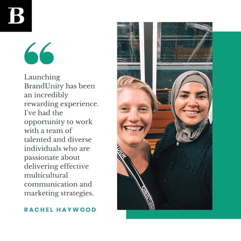 Two smiling women, one wearing a hijab, representing the diverse team at BrandUnity, with a quote about multicultural marketing by Rachel Haywood.