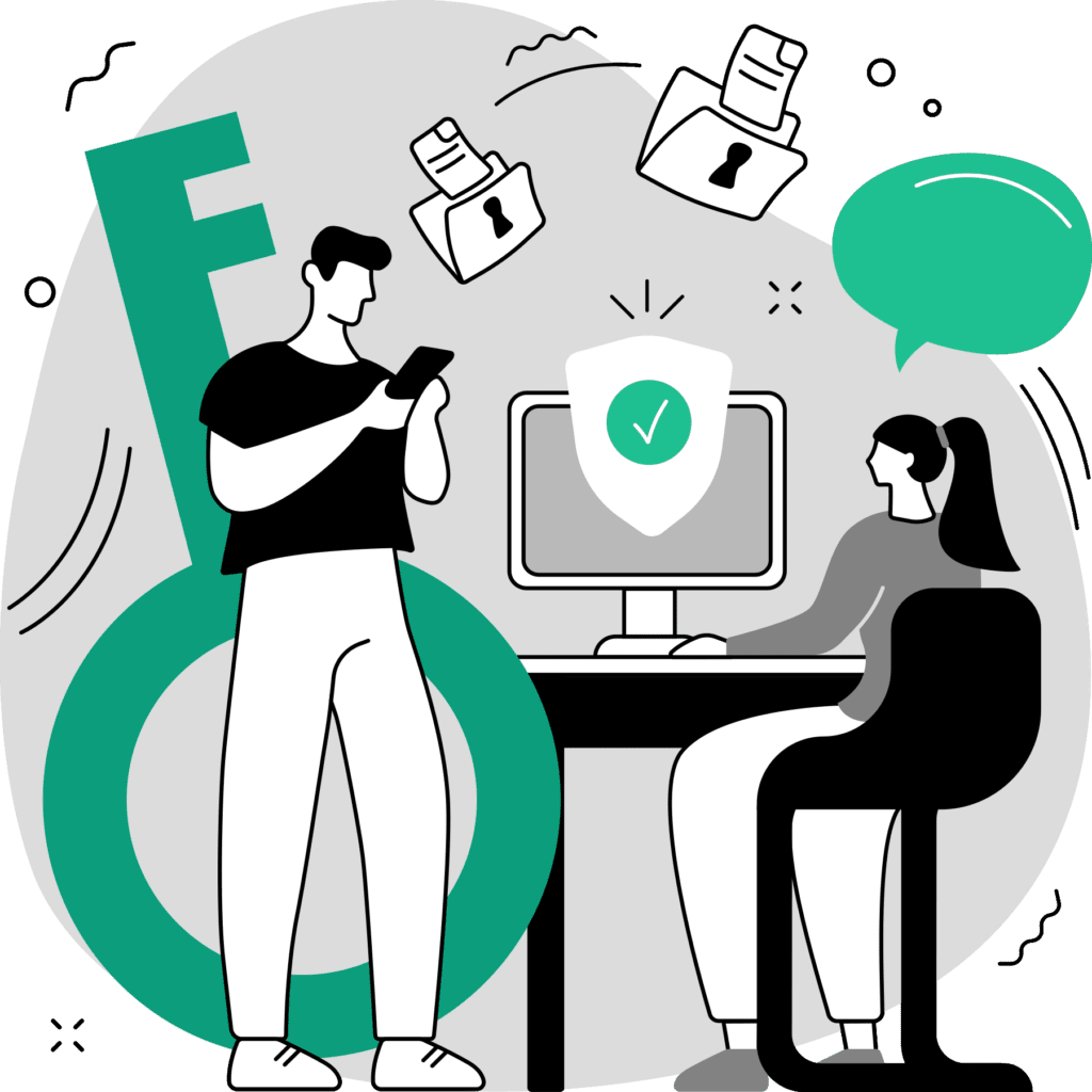 Illustration of a man using a smartphone and a woman working on a computer, emphasizing cybersecurity and privacy policy with symbols of a key, padlocks, and a shield.
